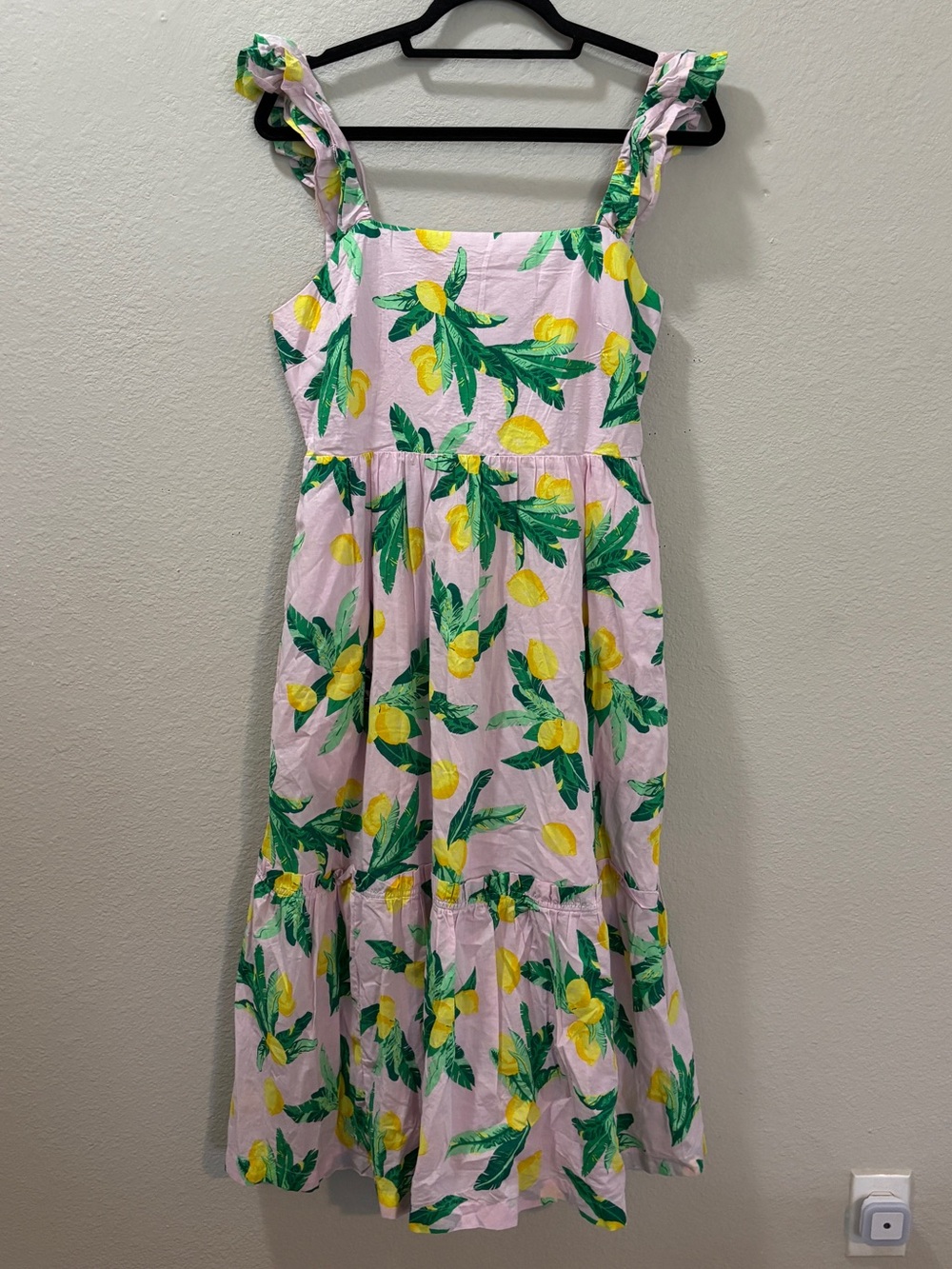J. Crew Pink Lemon Print Ruffle Strap Smocked Back Cotton Midi Dress Size 8 - Picture 2 of 9
